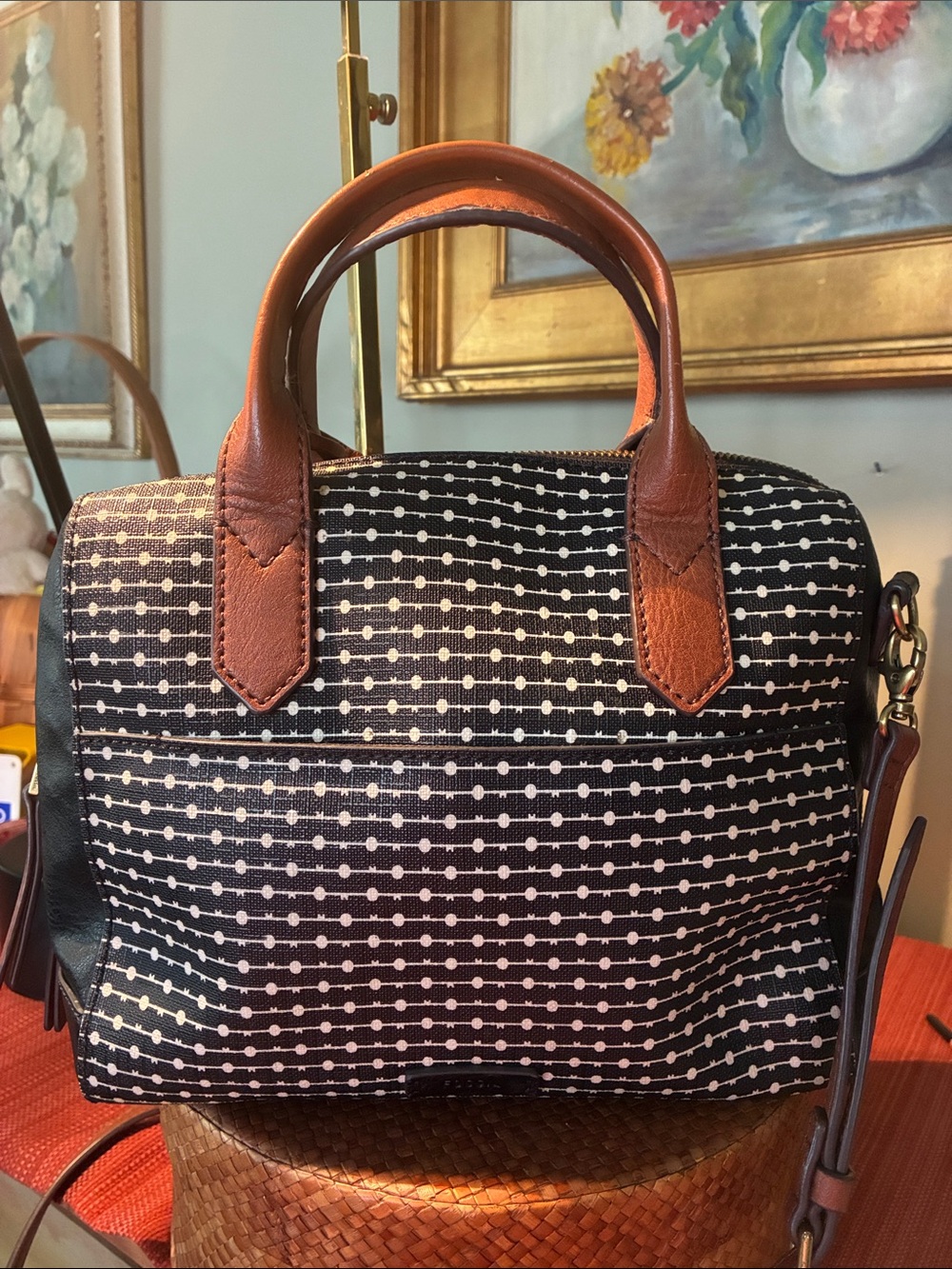 Fossil Fiona Black White Satchel Crossbody top handles and long leather straps